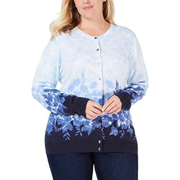 Plus Size Printed Button-Up Cardigan Intrepid Blue Combo 3X - Picture 1 of 2